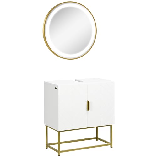 kleankin Conjunto de Baño Juego de Mueble para Debajo del Lavabo con Patas de Acero y Espejo de Baño con Luz LED Interruptor Táctil 60x30x65 cm Ø60x4 cm Blanco y Dorado