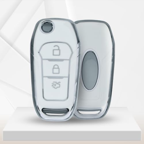 Image of KEYCEPT Silver Line TPU Key Cover Compatible with Ford Figo, Aspire, Endeavour Flip Key 3 Button with Keychain. (Type 1, White)