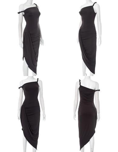 Image of One Shoulder Dresses for Women Twist Ruched Asym Midi Bodycon Guest Dress