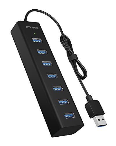 ICY BOX 7 Port USB 3.0 (Type-A) Hub with Power Supply Charging Aluminium Black