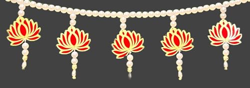 Image of Rajasthan Kraft Handmade Traditional Lotus Door Toran - 40 Inch in Size| Main Door Decorative Kamal Toran| Pearl Beaded Door Hanging with Tassels| Festive Entrance and Pooja Room Decor (T0021)