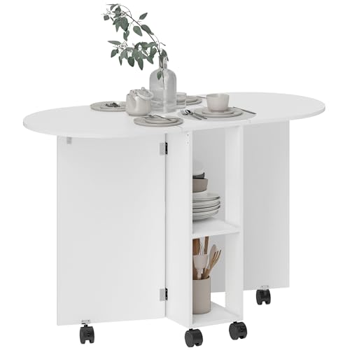 HOMCOM Table à Manger Pliante sur roulettes, Table de Cuisine pour 4 Personnes avec 2 abattants et 2 étagères de Rangement, pour Petits espaces, 120 x 60 x...