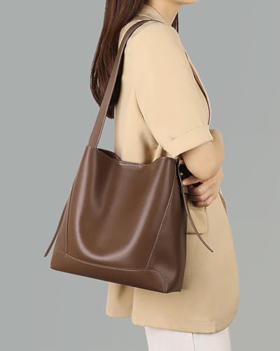 Image of Women's Trendy Tote Bag Vegan Leather Shoulder Crossbody Purse Large Bucket Handbag Soft Top Handle Satchel
