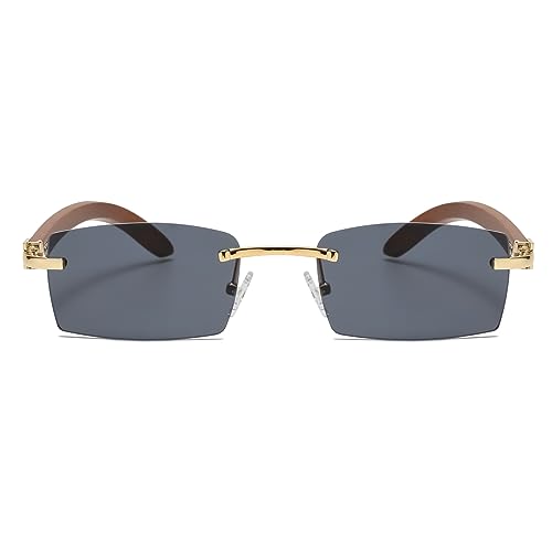 Junsika Rimless Rectangle Sunglasses for Men Women Classic Retro Woodproof Small Sunglasses UV400 Protection2