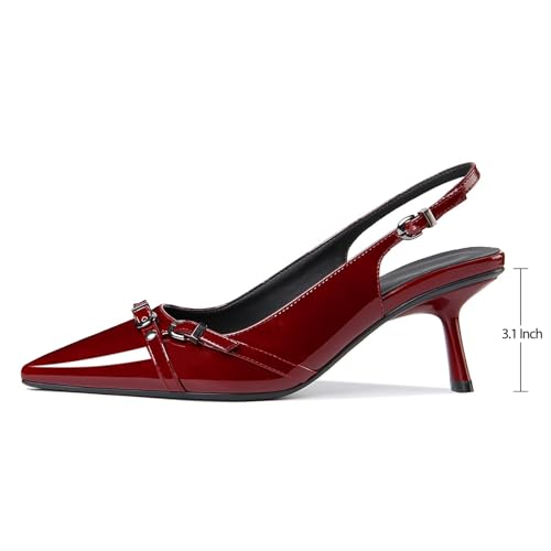 Image of Kitten Heels for Women Closed Pointed Toe Heels Patent Leather Low Heel Slingback Dress Shoes Feature Adjustable Buckle for Date Party Work Office Comfortable Sexy Pumps Shoes