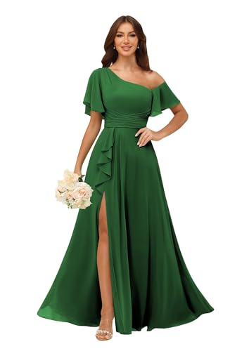 Image of One Shoulder Bridesmaid Dresses for Women with Pockets Short Sleeve Ruffled Chiffon Formal Evening Gowns