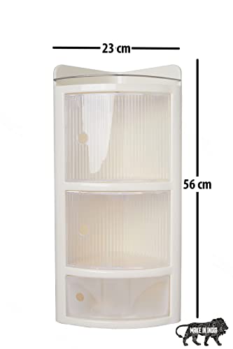 Image of GRACIO Jumbo Delux 3 Tier Bathroom Corner Shelf, Wall Mounted Storage Shelf with 3 Translucent Doors, Premium Plastic Cabinet for Kitchen, Bathroom, Living Room, Office, Stylish Corner (Ivory)