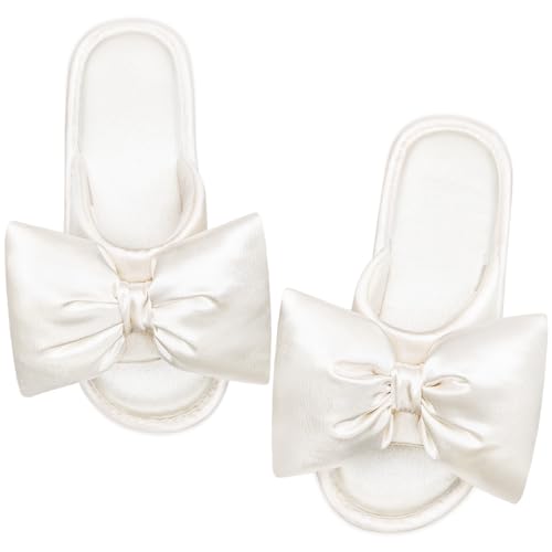 EverFoams Women's Satin Open-Toe Bow Slippers Memory Foam Indoor Bedroom House Shoes