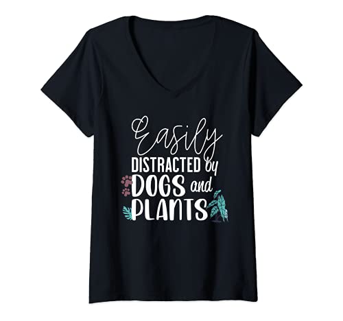Womens Easily distracted by dogs and plants V-Neck T-Shirt, Black