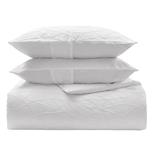 Vera Wang - Queen Duvet Cover Set, Luxury Bedding with Button Closure, Chic Room Essentials (Abstract Crinkle White, Queen)