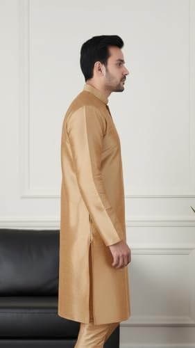 Image of Sadree Men's Silk Blend, Knee Length, Full Sleeve, Mandrin Collor, Solid Style, Attractive Colour, Solid Plain Kurtas