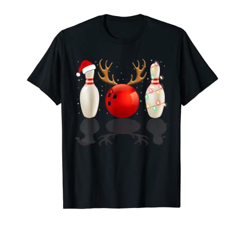 Funny Bowling Christmas T-Shirt Santa Hat Navidad Luces Regalo Camiseta