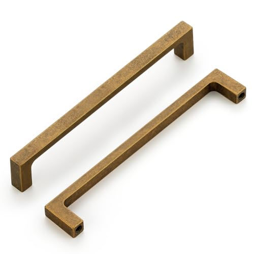Image of Ravinte Antique Brass Kitchen Cabinet Solid Handles,6-1 /4 Inch,5 Pack | Solid Zinc Alloy, Modern Slim Style, Square Design, Deep-Thread Firm Base, Screws Included, for Kitchen Drawers & Cupboards