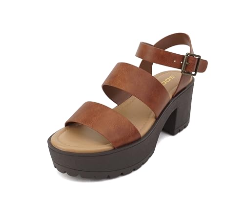 Image of Soda ACCOUNT ~ Women Open Toe Two Bands Lug sole Fashion Block Heel Sandals with Adjustable Ankle Strap