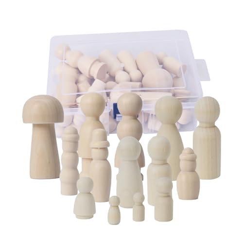 HO2NLE Muñecas de Madera para Pintar - Figuras Familiares y Seta Decorativas - Peg Dolls (42 Piezas)