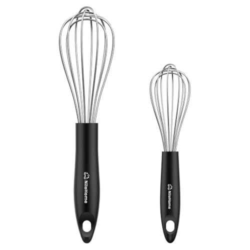 Image of NileHome Silicone Whisk Set 8 inch 10 inch Kitchen Whisk Kitchen Wisk Wire Whisks for Cooking, Whisking, Blending, Beating, Stirring-Black Silver