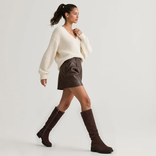 Image of VIUGJNEX Knee High Boots Women Low Heel Flat Chunky Fall Tall Riding Boots