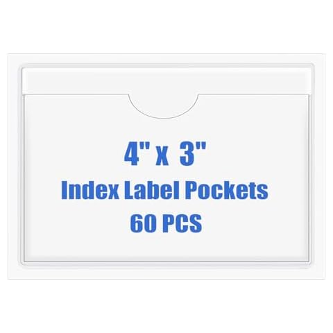 Origin-Joy 60 PCS Self Adhesive Index Card Pockets with Top Open, Clear Plastic Label Holder for Cards of Note, Library and Business, Adhesive Label Pockets & Card Holder (4 x 3 inch) Cover