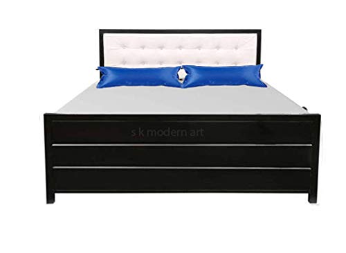 s k modern art Wrought Iron Storage Bed (4 X 6, Black Coated Frame White Leather headboard | with 4'' Mattress)