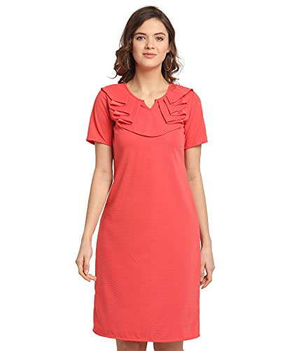 Image of OOMPH! Women's Western & Fusion wear Above Knee /Mid Thigh Length Sheath Red Dress in Lycra Blend Fabric with V Neck and Short Sleeve