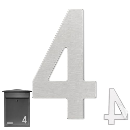 Numero 4 casa, Número Cuatro hogar, Número 4 para puerta, Número para pared, Número 4 buzón, Acero inoxidable 304, 75 mm alto x 47 mm ancho, Adhesivo, Plateado