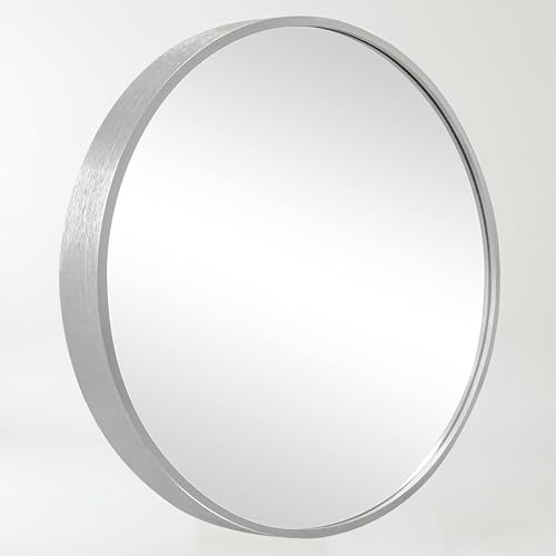 Image of Art Street Round Decorative Wall Mirror with Aluminum Metal Frame Silver | Modern Design Vanity Mirror for Makeup, Bedroom, Drawing Room, Bathroom Wash Basin (Silver, 60x60 cm)