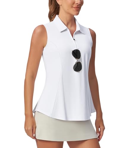 Casei Womens Sleeveless Golf Polo Shirt with Sunglass Loop UPF 50+ Quick Dry Tennis Pickleball No-Tuck Peplum Top 1/4 Zip - White-S