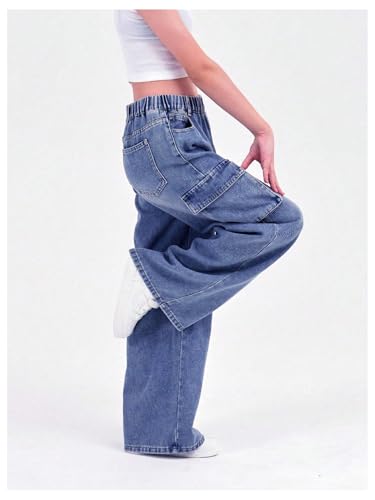 Verdusa Girl's Loose Wide Leg Denim Cargo Pants Elastic Waist Jeans with Pockets4