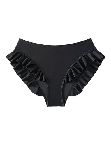 ZAFUL Women Mid Waist Bikini Bottoms Ruffles Full Coverage Swimsuit Bottom Swim Briefs Bathing Suit Bottoms (Black,L)