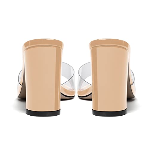 WAYDERNS Women's Square Toe Open Toe Solid Patent Casual PVC Dating Slip On Clear Block High Heel Heeled Sandals 3.3 Inch4