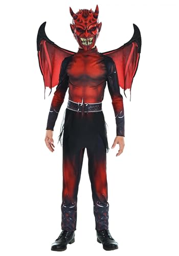 Boys Devil Costume | Kids Red Demon Jumpsuit Wings Belt and Mask for Halloween Dress-Up and Cosplay Medium