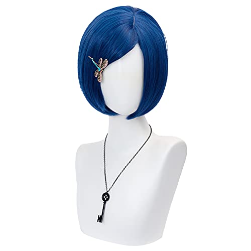 TSNOMORE Dark Blue Bob Cosplay Wig for Girls - Short Straight Synthetic With Key Necklace and Dragonfly Hairclip Halloween Costume Party (M-Dark Blue)