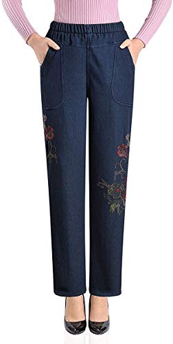 Lazutom Pantalon long en jean doublé en polaire pour femme avec broderie Taille élastique - - 36-38 Cover