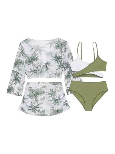 Yhong Traje de baño para niña, 4 piezas, bikini, tankini, protección solar, traje de baño con cobertura Up Top Rock, Verde, 146/152 cm