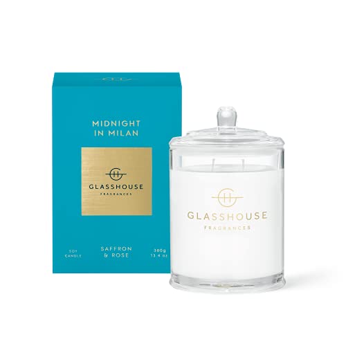 Glasshouse Fragrances Midnight in Milan Candle, Triple Scented Natural Soy Wax Blend, 2 Wicks & Glass Jar, 65 Hour Burn Time, Saffron & Rose, 13.4 Oz (380g)