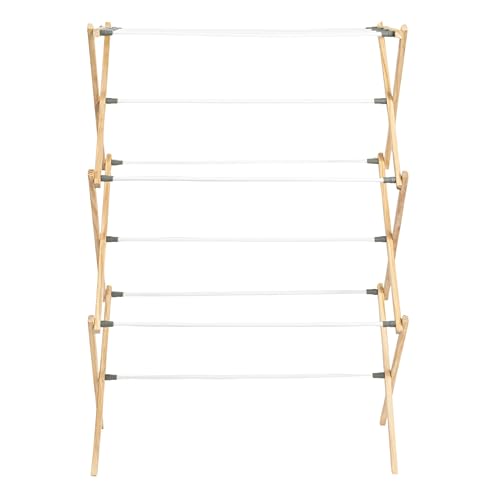 Image of Household Essentials X-Frame Clothes Drying Rack, Stabile Wood Frame with Slanted Feet, Smooth Vinyl Wrapped Rods, 23.8 Feet of Hanging Space, Ready to Assemble, Flat Top, Natural