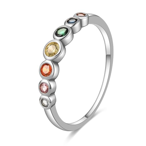 E Jewelry Rainbow Anniversary Eternity Ring für Frauen, Trauringe, Zirkonia 925er Sterling Silber Ring, Rhodinierter Damen Regenbogenring 54 (17,3)