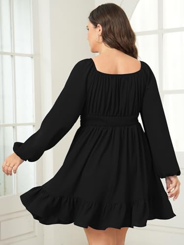 Womens Plus Size Dress Long Lantern Sleeve Square Neck Elastic Waist A-Line Mini Short Dress4