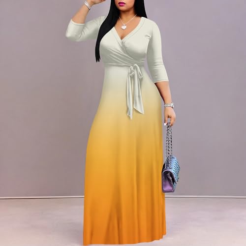 Image of PinkPatty Women's Plus Size Maxi Dress Casual 3 /4 Sleeve Dress with Belt | Soft stretch feel, printed style, flowy A-line fit, v neck, waist tie, side pockets, for vacation, party and daily wear