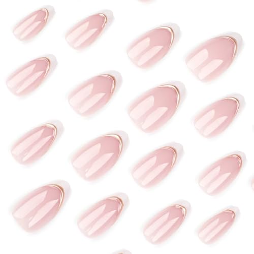 Image of White French tip Press on Nails Medium Almond Fake Nails Nude Glossy False Nail with Design 3D Gold Stripes Glue on Nails Artificial Acrylic Nail Full Cover Stick on Nail for Women Manicure 24pcs
