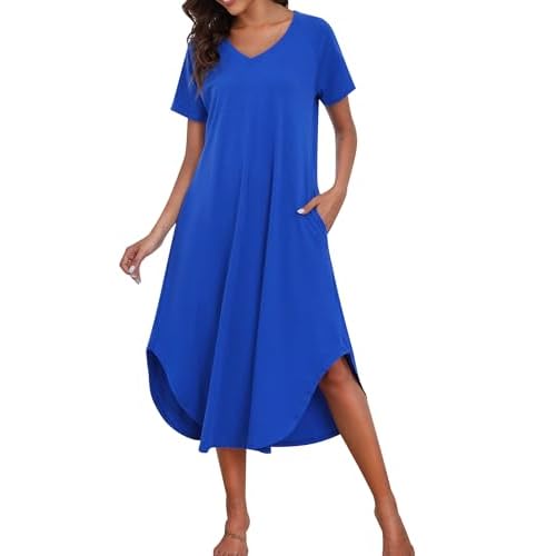 Marvmys Women Short Sleeves Long Nightgown Super Soft Sleepwear Comfy V Neck Cotton Nightshirts with Pocket Royal Blue Small