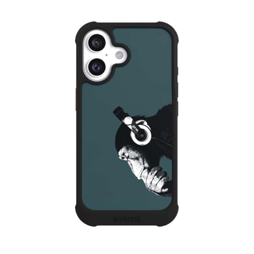 Coque iPhone 16 antichoc noire compatible MagSafe avec motif singe écouteurs