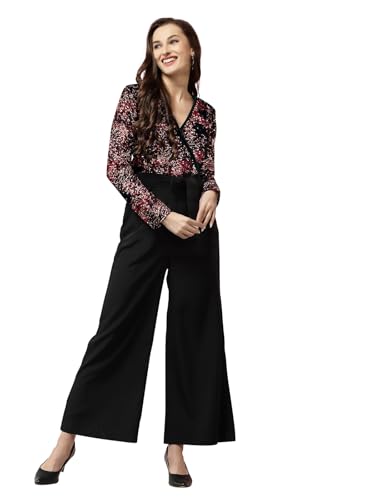 Image of LONDON BELLY Women's Polyester Semi-Formal Jumpsuit with Round Neck Half Sleeves Adjustable Waist Tie Abstract Pattern and Regular Fit | Women Stylish One Piece Outfit | Women Regular Fit Jumpsuit