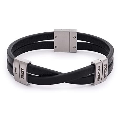 Myka - Personalized Criss-Cross Men Leather Bracelet With Up To 4 Inscriptions - Stainless Steel - Dainty Gift For Him, Father, Boyfriend For Father's Day, Birthday (Stainless Steel) #TOP28