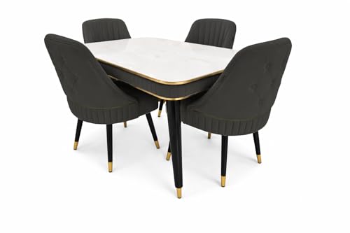 Image of WOODEN SPACE Majestic 4 Seater Wooden Dining Table Set | Urban Marble Top Dining Table with Chairs for Dining Room & Kitchen