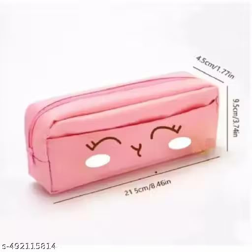 Image of Kawaii Blushing Face Pencil Pouch | Cute Blue Zipper Case for Girls & Kids (Pink)