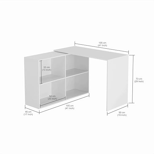 Image of FURNEASER Maggen Engineered Wood Rotatable Study Table, L-Shaped Corner Computer Desk, Laptop Workstation for Home Office, WFH Desk, Gaming Space Saving Rotating Table with Bookcase (White)
