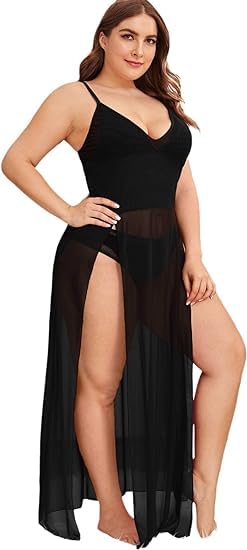 Women’s Plus Size Split Long Mesh Lingerie Dress Babydoll Chemise (XXX-Large, Black)