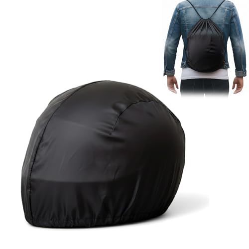 Image of Waza Helmet Cover for Motorcyclists & Cyclists -Waterproof Umbrella Fabric, Dustproof, Universal Fit with Adjustable Strap - Black Helmet Rain Cover