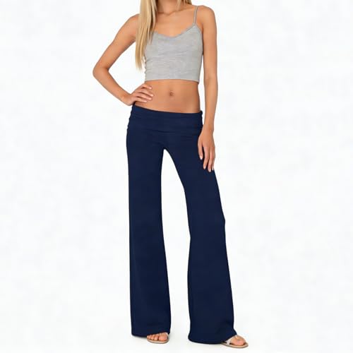 Image of Lounge Yoga Pants for Women Fold Over Low Waist Wide Leg Bell Bottoms | Y2K Foldover Pants, Flare Leggings, Low Rise Yoga Sweatpants